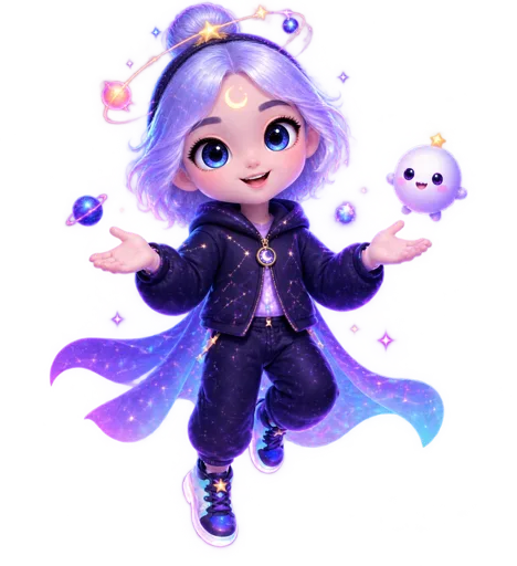 Rashi, the Talk to Rashi AI companion, floating in a starry welcome pose